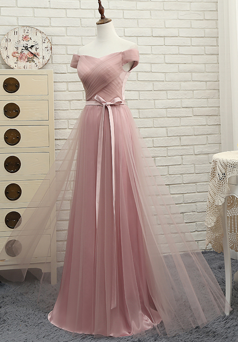 Pink Tulle Off Shoulder ,a Line Long Prom Dress, Pink Evening Dresses,a-line Prom Dress ,custom Made