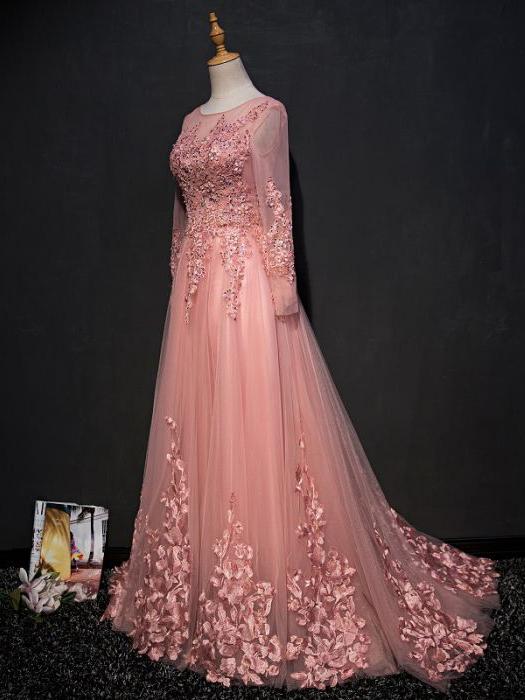 Chic A-line Scoop Floor Length ,pink Tulle Applique Prom Dress Evening Dress,formal Evening Dress,custom Made