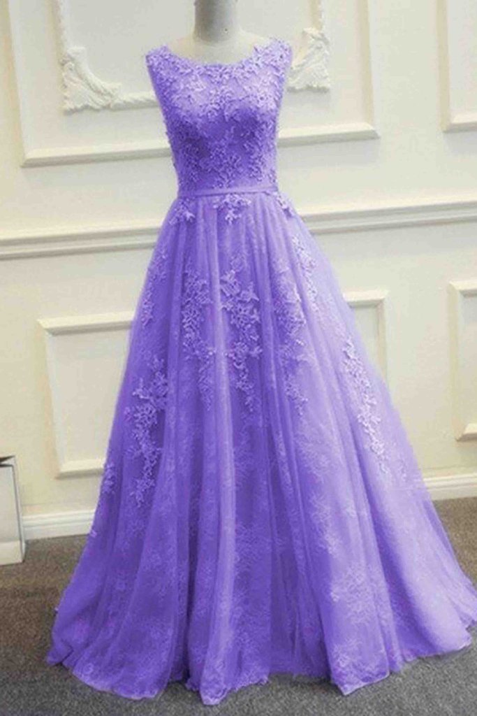 Purple Tulle Lace Applique ,round Neck ,a-line Long Evening Dresses , Lace Appliques ,custom Made