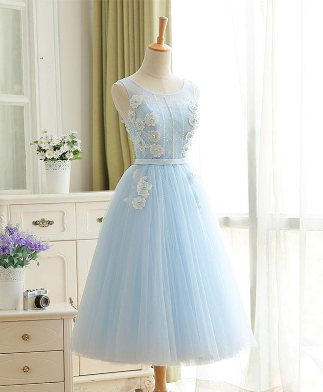 3d Flower Appliques Prom Dress,sexy Bateau Neck Homecoming Dress , Sleeveless Evening Dress, Short Party Gown,sky Blue Tulle Prom Dress,high
