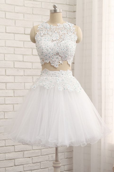 White Tulle Short Two Pieces Homecoming Dress, Lace Prom Dress ,sexy Formal Evening Dress,custom Made