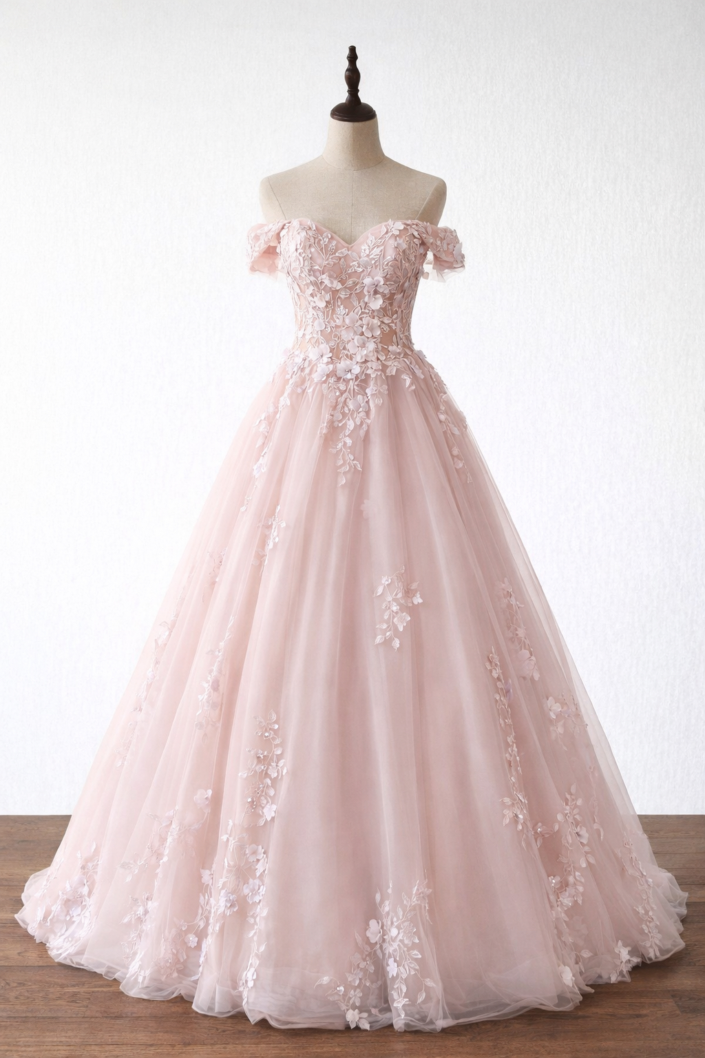 Blush Pink Off Shoulder 3d Floral Lace Corset Ball Gown With Layered Tulle Skirt And Lace-up Back on Luulla Blush Pink Off Shoulder 3d Floral Lace Corset Ball Gown With Layered Tulle Skirt And Lace-up Back on Luulla