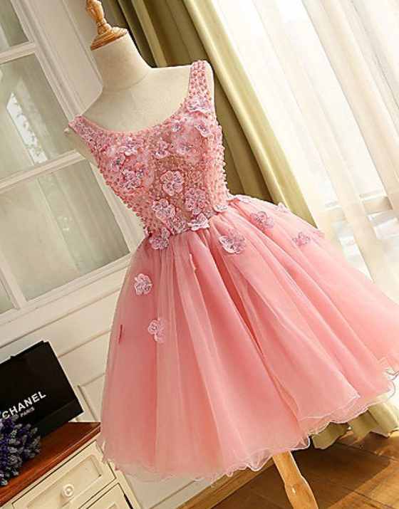 Ball Gown Bateau ,short Pink Organza Homecoming Dress With Beading Appliques,custom Made