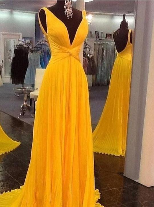 V-neck Prom Dress, Long Prom Dress, Chiffon Prom Dress, Yellow Prom Dress, Evening Dress,custom Made