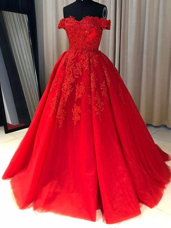 Off Shoulder Ball Gown Red Lace Party Dress A-line Evening Dresses, Long Lace Prom Dresses ,custom Made