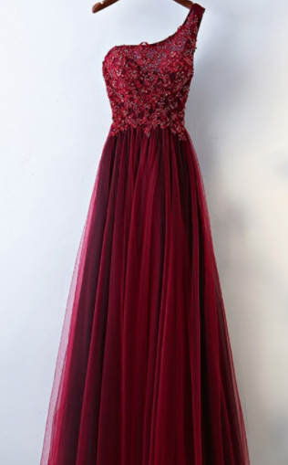 Burgundy One Shoulder Prom Dresses, Long Tulle Prom Party Dress For Women,dark Red Eveing Dresses