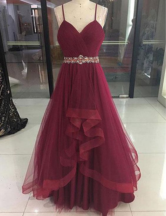 Fashion A-line Spaghetti Straps Burgundy Long Prom Dress With Beading,dark Red Evening Dresses