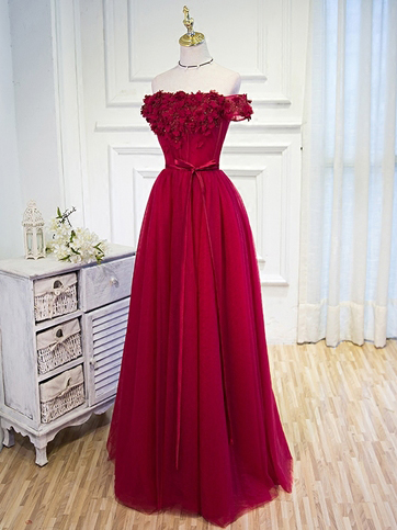 Long Prom Dresses,red A-line Off-the-shoulder Floor-length Tulle Prom Dresses Evening Dresses