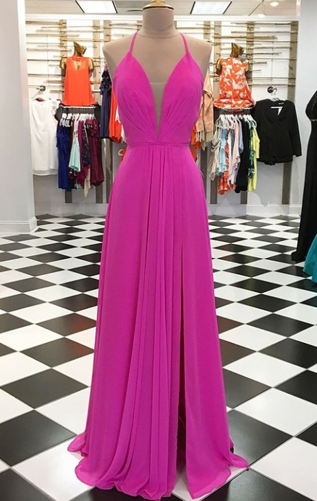 A-line V-neck Floor-length Chiffon Prom Dresses With Ruffle Split Front