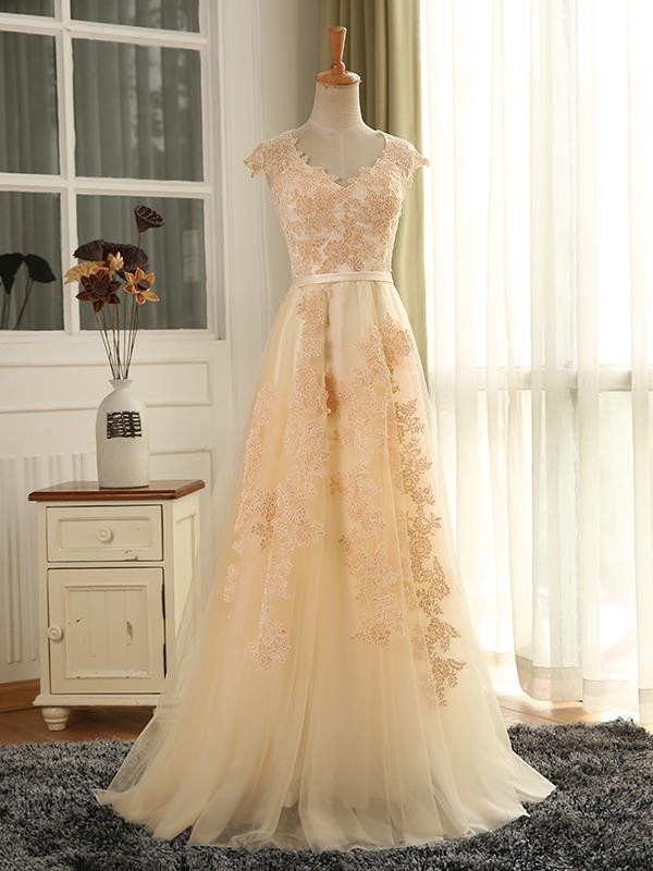A-line V-neck Tulle Floor-length Appliques Lace Cap Straps Original Prom Dresses