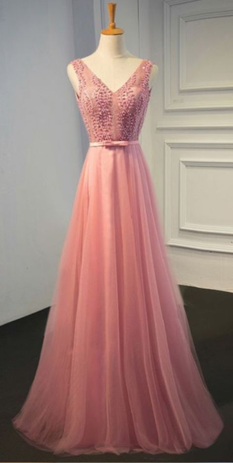 Simple Pink Prom Dress V Neck Party Dress, A-line Tulle Evening Dress