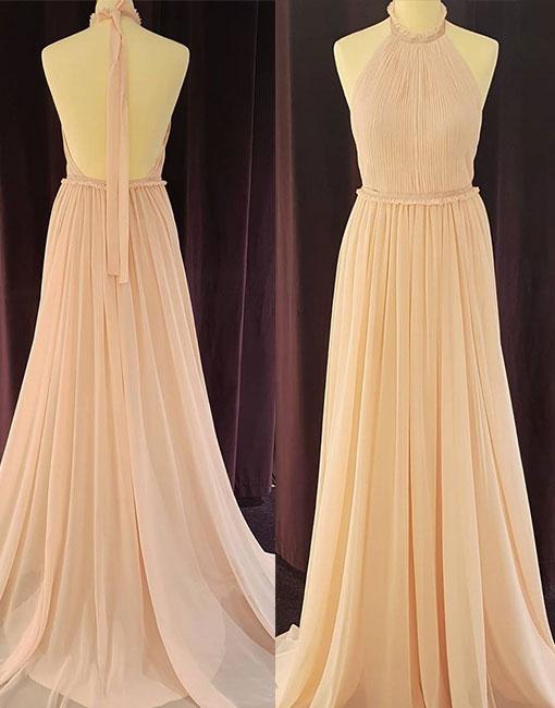 A-line Halter Backless Light Pink Chiffon Long Prom Dress With Pleats