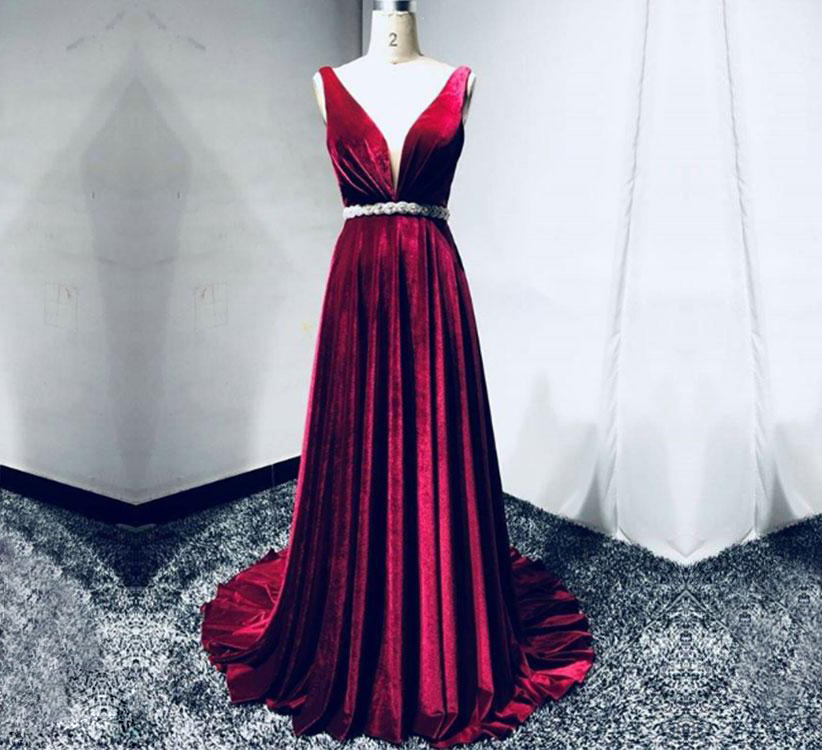 Stylish A Line Deep V Neck Beaded Long Burgundy Velvet Prom/evening Dress