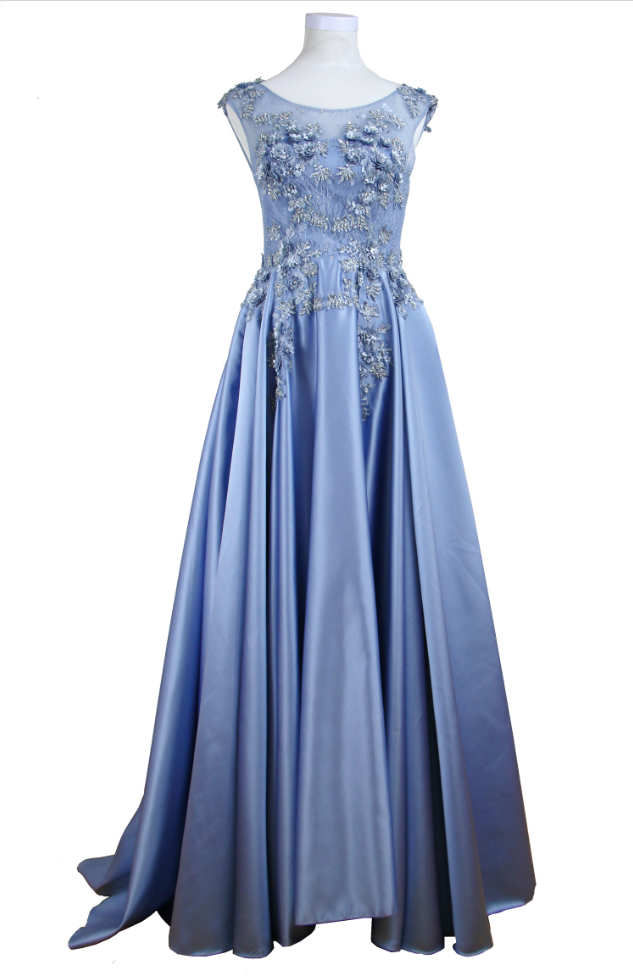 Appliques Lace 3d Flower Blue! Sleeveless Dress, Formal Evening Gown ,floor Length ,sweep Train