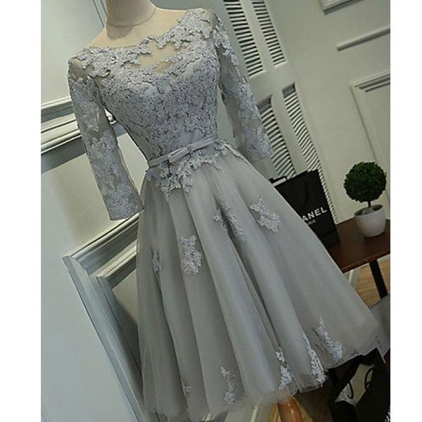 Half Sleeve Silver Tulle With Lace Appliqued Short Prom Dresses,homecoming Dress