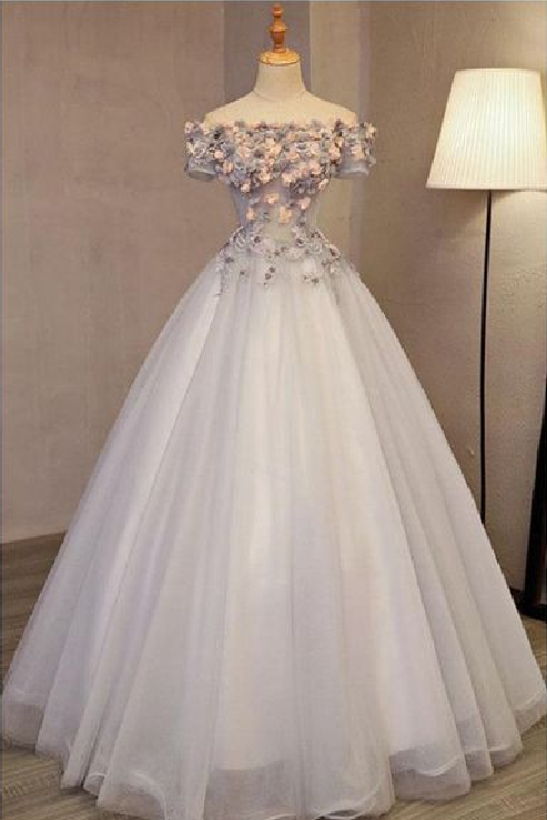 A-line Off-the-shoulder Tulle Applique Chic Long Prom Dress Evening Dress