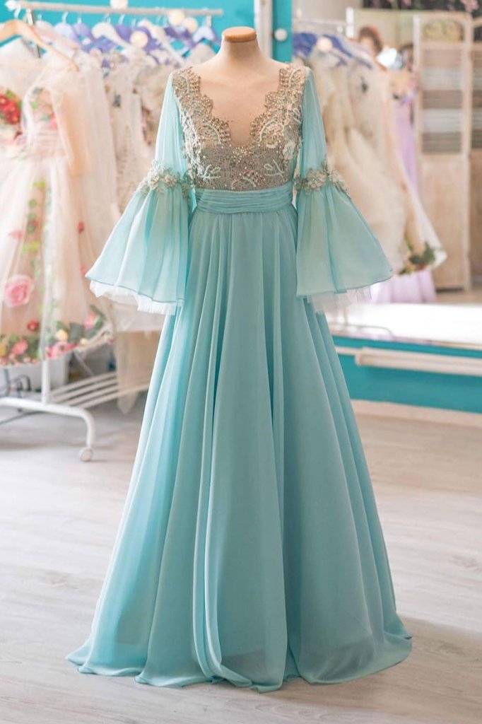 Unique V Neck Chiffon Lace Long Prom Dress, Half Sleeve Evening Dress