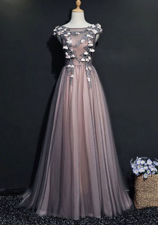 Tulle Sleeveless Long Beaded Evening Dress With Sash,3d Flower Applique ,floor Length ,custom Made