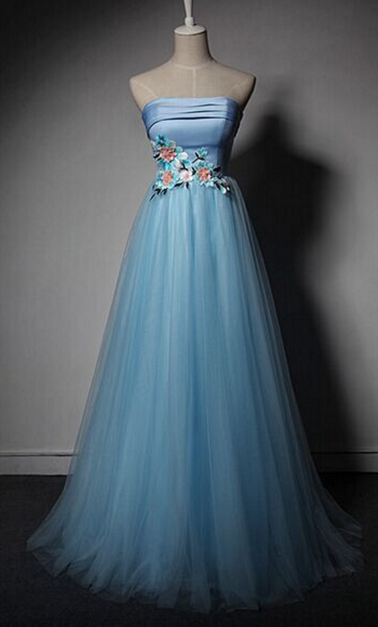 Blue Tulle Party Dress Sweetheart Evening Gown With Flowers