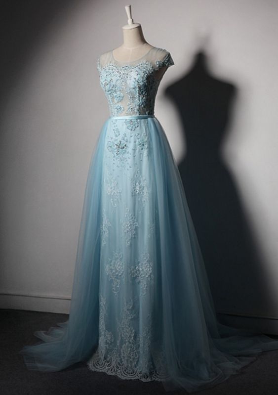 Sky Blue Long Prom Dresses Detachable Skirt Crystal Formal Evening Party Dresses For Graduation Dresses