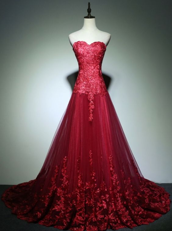 Red Long Lace Prom Dresses For Graduation Sweetheart A Line Tulle