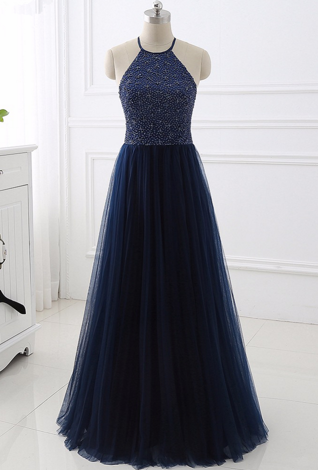 Dark Blue Beaded Embellished Halter Neck Long Tulle Prom Dress Featuring Open Back, Formal Dress