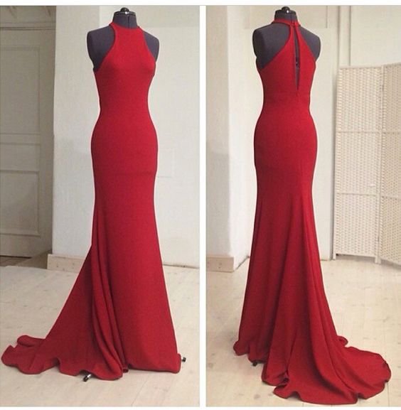 Sheath Chiffon Prom Dress, Red Prom Dress, Halter Neck Prom Dress, Red Evening Dress, Long Evening Dress