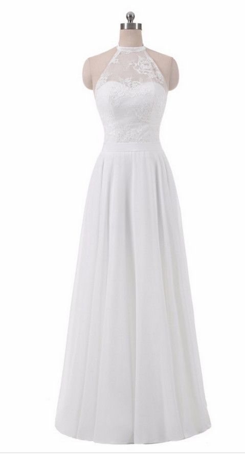 Simple Chiffon And Lace White Halter Elegant Formal Dress, Women Formal Dress, Halter Party Gowns,long Evening Gown Prom Dress Prom Gown