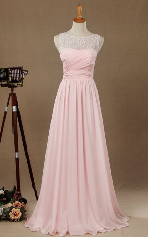 Sexy Pink Evening Dresses With Lace Bodice Sheer Neck Chiffon Prom Party Dress Formal Gowns