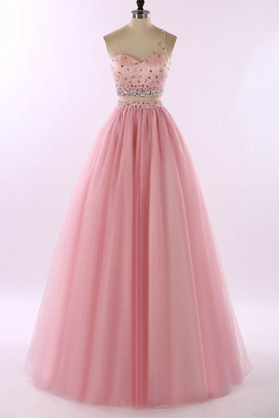 Pink Tulle Two Pieces One Shoulder Beading V-neck Long Prom Dresses, Evening Dresses