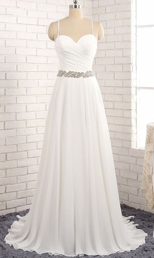 Cute White Chiffon Prom Dress With Straps, Sleeveless Exquisite Elegant Dresses