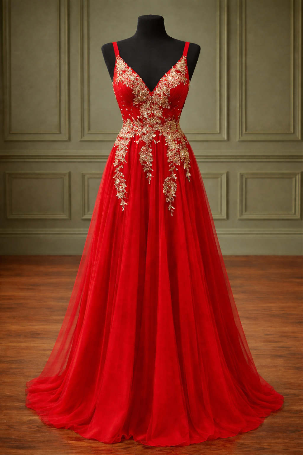 dark red and gold prom dresses Deep V-neck Embroidered Tulle A-line Gown With Sweep Train on Luulla badge: SHIPS NOW