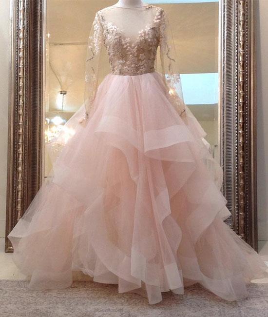 Unique Champagne Pink Tulle Lace Long Prom Dress, Pink Evening Dress