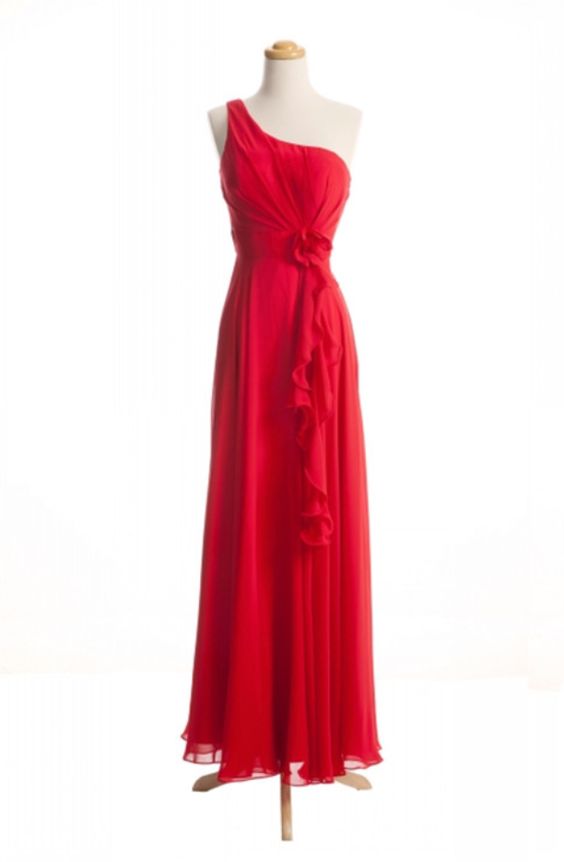 Red One Shoulder Chiffon Bridesmaid Dress Evening Dresses Long Prom Dress