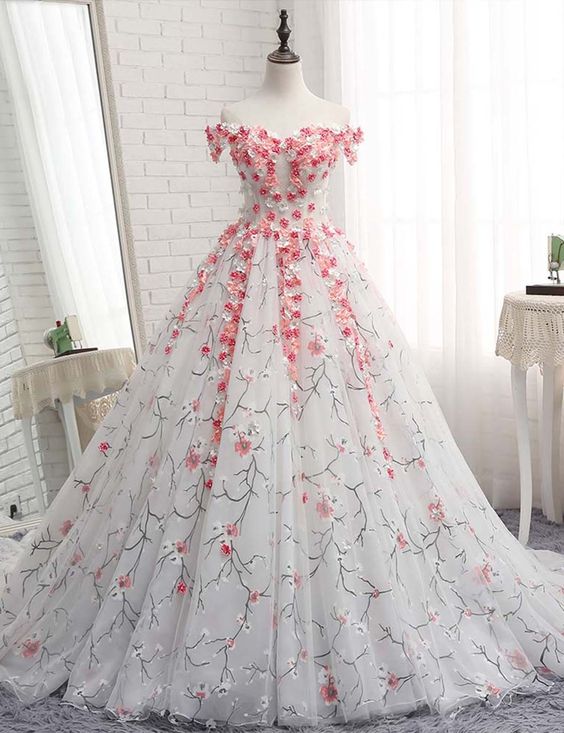 White Floral Tulle Sweetheart 3d Flower Applique A-line Evening Dress, Homecoming Dress With Sleeve