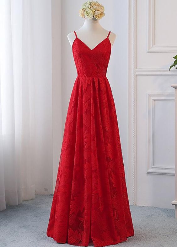 Beautiful Red Straps Lace V-neckline Prom Dress, Red Formal Gowns, Red Party Dresses , Long Prom Dresses ,custom Made, Fashion