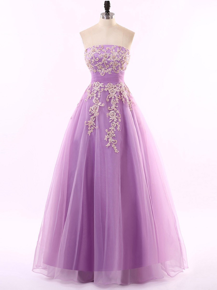 Ball Gown Prom Dresses Noble Princess Strapless, Tulle Appliques Lace Long Prom Dress Evening Party Dresses