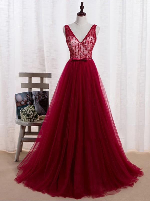 Princess V-neck Tulle Sweep Train Sashes / Ribbons Burgundy Backless Original Prom Dresses, Tulle Beading Appliques Lace Long Prom Dress Evening