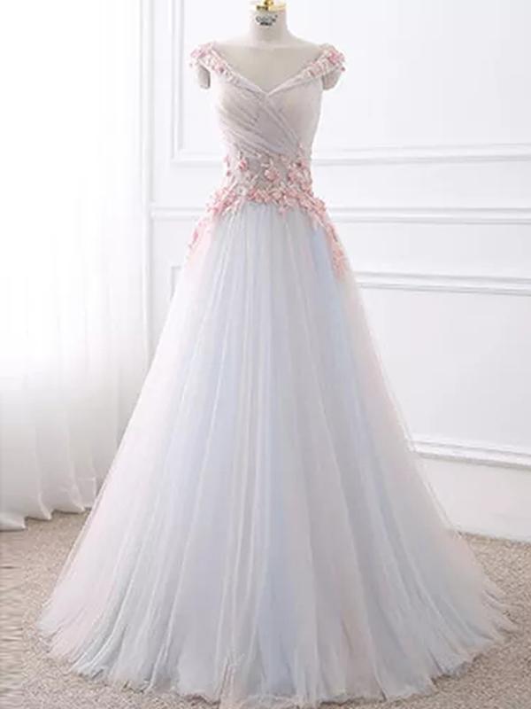 A-line V-neck Floor-length Sleeveless Tulle Prom Dress/evening Dress