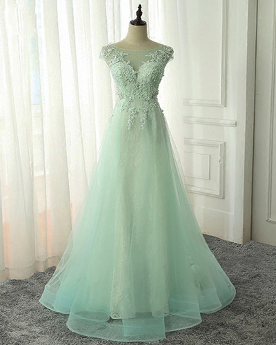 Mint Tulle Scoop Neck Cap Sleeve Long Sheer Formal Prom Dress, Lace Graudation Dress