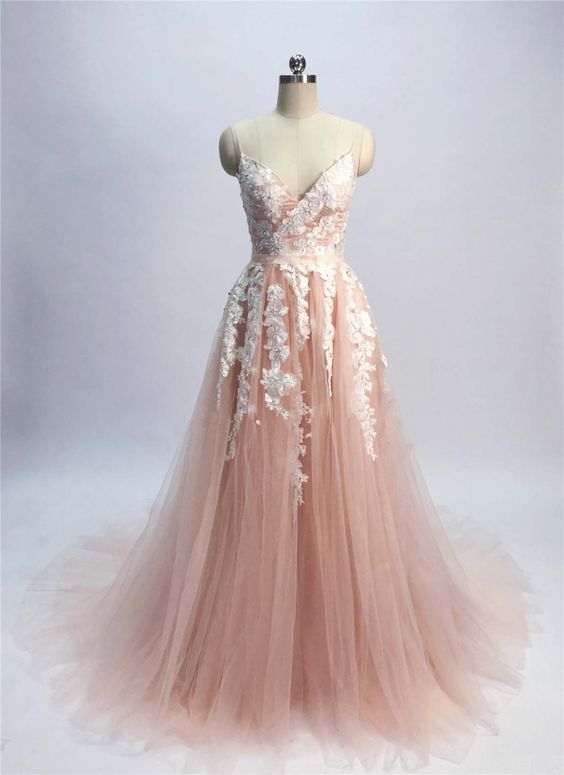 Champagne Pink Tulle Spaghetti Straps Sexy Long Prom Dress, Homecoming Dress With Appliqué