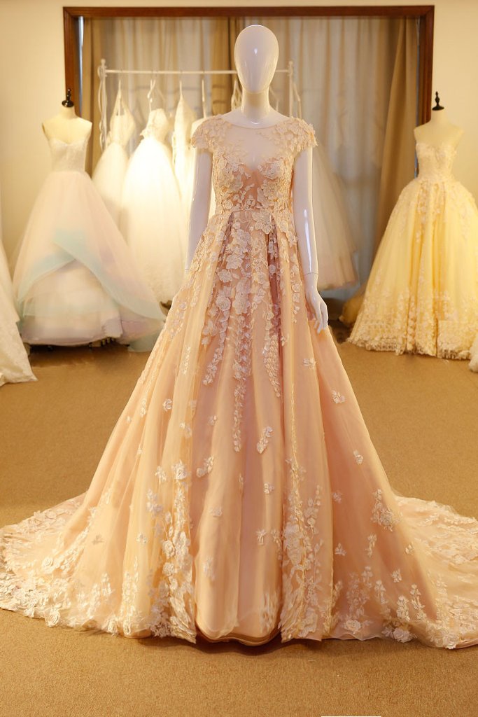 Unique Round Neck Tulle Lace Applique Pink Long Prom Dress, Pink Wedding Dress