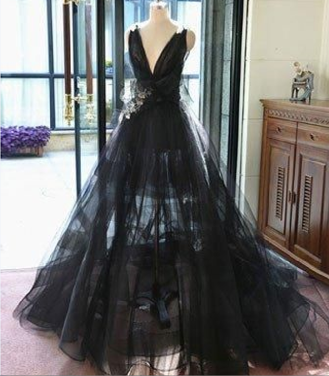 Black Prom Dress, V Neck Tulle Party Dress, Long Prom Dress, Black Evening Dress