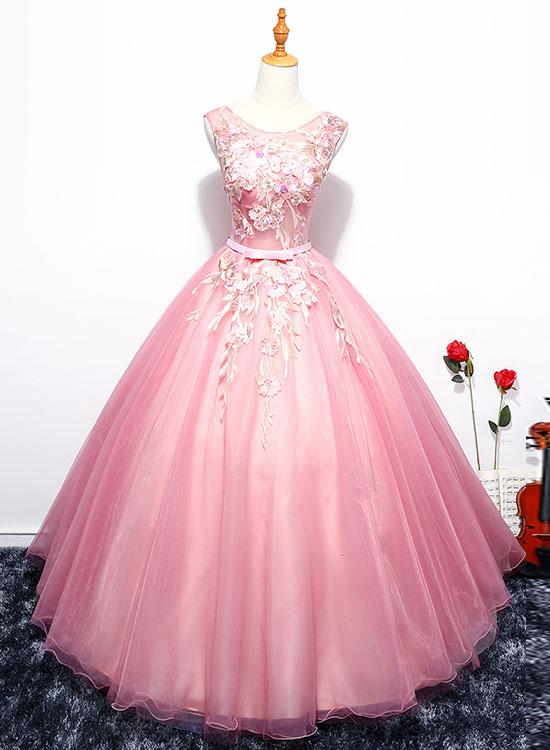 Pink Round Neck Party Dress, Lace Tulle Long Prom Dress, A Line Evening Dress,lace Applique Formal Gowns, O Neck Sleeveless Ball Gowns