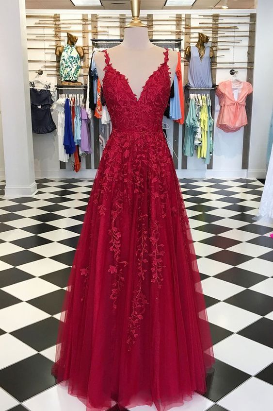 Gorgeous A Line V Neck Spaghetti Straps Open Back Dark Red Long Prom Dresses With Appliques, Formal Elegant Evening Party Dresses