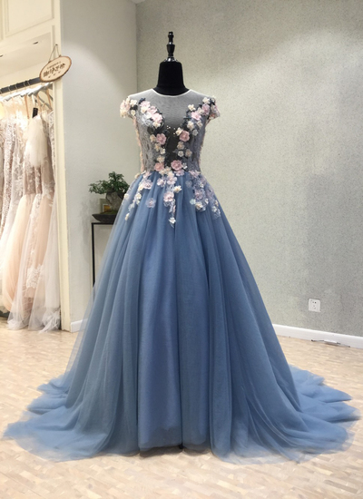 Blue Tulle See Through Back Long 3d Lace Flower Evening Dress, Long Senior Prom Dress With Cap Sleeves
