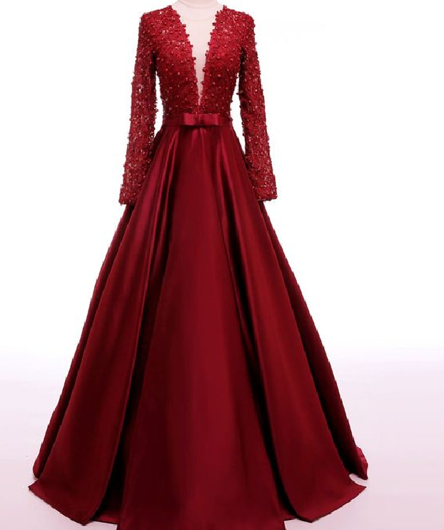 Charming Prom Dress, Sexy Prom Dresses, Long Sleeves Evening Dress,a-line V Neck ,lace Beading Applique Party Dress