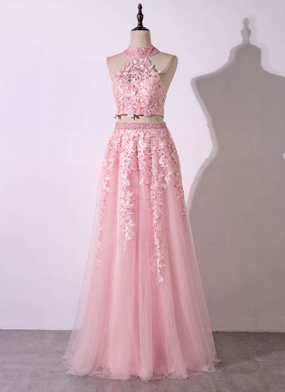 Pink Tulle Strapless Two Pieces Long Lace Prom Dress, Open Back Party Dress
