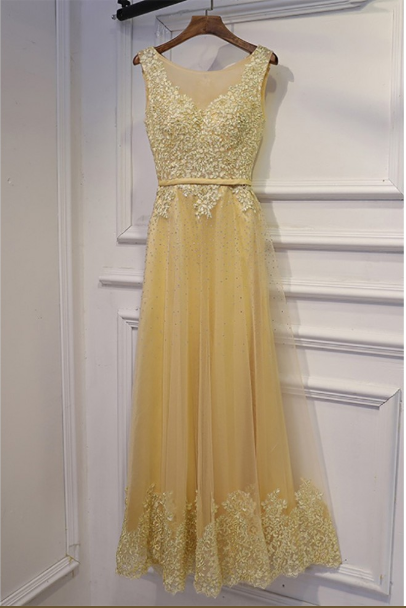 Long Champagne Sleeveless Prom Dress With Beaded Lace