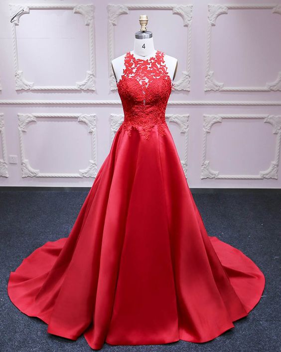 Red Satin Strapless Long Customize Formal Prom Dress With Lace Appliqué,a-line Evening Dresses